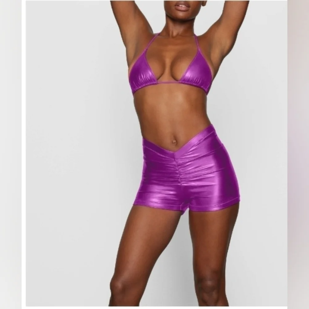 SKIMS Purple Metallic Triangle Bikini Top & High-Rise Shorts Set